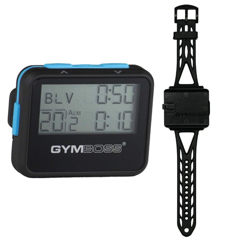 Gymboss مؤقت جيمبوس وفترة توقيت وساعة مع حزام ساعة - حزمة (أسود مع أزرار زرقاء، مقاس واحد يناسب الجميع) - Image 1